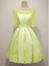 Traditional Taffeta Half Sleeves Knee Length Quinceanera Dama Dress and Lace