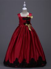  Wine Red Zipper Pageant Gowns For Girls Appliques and Bowknot Sleeveless Floor Length
