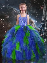  Sleeveless Tulle Floor Length Lace Up Pageant Gowns For Girls in Blue with Beading and Ruffles