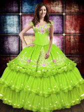 Enchanting Off The Shoulder Sleeveless Taffeta Quince Ball Gowns Embroidery and Ruffled Layers Lace Up