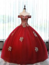  Wine Red Lace Up Off The Shoulder Beading and Appliques Sweet 16 Dresses Tulle Sleeveless