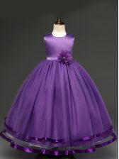 High Quality Purple Tulle Zipper Little Girls Pageant Dress Sleeveless Floor Length Hand Made Flower
