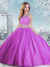 Traditional Lilac Clasp Handle 15 Quinceanera Dress Beading and Sequins Sleeveless Floor Length