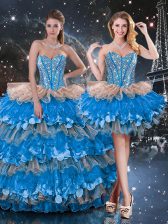 Customized Sleeveless Floor Length Beading and Ruffles and Ruffled Layers Lace Up Quinceanera Dresses with Multi-color