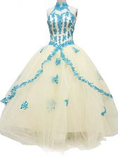 Inexpensive Champagne Prom Dresses Prom and Military Ball and Sweet 16 and Quinceanera with Lace and Appliques Halter Top Sleeveless Lace Up