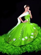 Fabulous Sleeveless Organza Brush Train Lace Up Quinceanera Gown in with Embroidery and Ruffles
