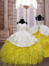 Cute Lace Up Pageant Gowns For Girls Gold for Quinceanera and Wedding Party with Embroidery and Ruffles Brush Train
