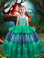 Super Floor Length Ball Gowns Sleeveless Green Little Girls Pageant Gowns Lace Up