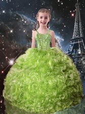 Charming Olive Green Sleeveless Floor Length Beading and Ruffles Lace Up Kids Pageant Dress