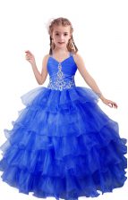  Blue Girls Pageant Dresses Quinceanera and Wedding Party with Beading and Ruffled Layers V-neck Sleeveless Zipper