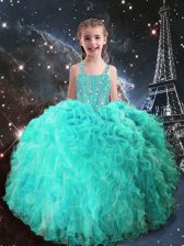  Floor Length Turquoise Little Girls Pageant Dress Straps Sleeveless Lace Up