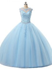 Eye-catching Ball Gowns Ball Gown Prom Dress Light Blue Scoop Tulle Sleeveless Floor Length Lace Up