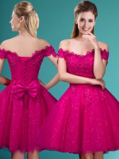  Fuchsia Off The Shoulder Neckline Lace and Belt Vestidos de Damas Cap Sleeves Lace Up