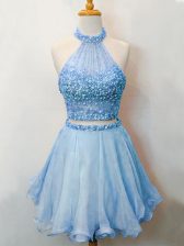  Sleeveless Organza Knee Length Lace Up Court Dresses for Sweet 16 in Blue with Beading
