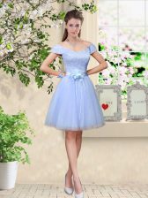 Inexpensive Lavender V-neck Neckline Lace and Belt Damas Dress Cap Sleeves Lace Up