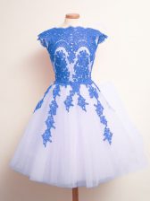 Fashion Scalloped Sleeveless Lace Up Court Dresses for Sweet 16 Blue And White Tulle
