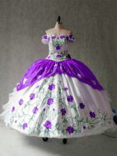 Customized White And Purple Cap Sleeves Floor Length Embroidery and Ruffles Lace Up 15 Quinceanera Dress