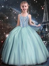  Ball Gowns Flower Girl Dress Teal Straps Tulle Sleeveless Floor Length Lace Up