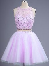 Popular Knee Length Lilac Vestidos de Damas Scoop Sleeveless Lace Up