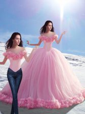  Baby Pink Sleeveless Tulle Brush Train Lace Up Sweet 16 Dress for Military Ball and Sweet 16 and Quinceanera
