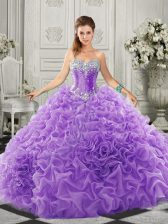 Wonderful Lavender Lace Up 15 Quinceanera Dress Beading and Ruffles Sleeveless Court Train