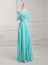 Elegant Aqua Blue Zipper Scoop Lace and Appliques Homecoming Dress Chiffon Half Sleeves