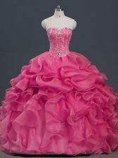 Affordable Beading and Ruffles and Pick Ups Sweet 16 Dress Hot Pink Lace Up Sleeveless Floor Length