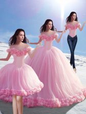 Luxury Baby Pink Off The Shoulder Lace Up Hand Made Flower Quince Ball Gowns Brush Train Sleeveless