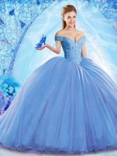  Off The Shoulder Sleeveless Organza Quinceanera Gown Beading Brush Train Lace Up