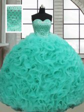 Sexy Sleeveless Fabric With Rolling Flowers Brush Train Lace Up Quinceanera Gown in Turquoise with Beading