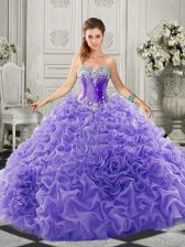 Perfect Sweetheart Sleeveless Quinceanera Gowns Court Train Beading and Ruffles Lavender Organza