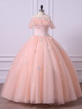 Beauteous Floor Length Peach Sweet 16 Dress Off The Shoulder Short Sleeves Lace Up