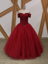 Wine Red Lace Up Off The Shoulder Appliques Prom Dresses Tulle Sleeveless