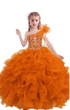 High Class Orange Red One Shoulder Neckline Beading and Ruffles Pageant Gowns For Girls Sleeveless Lace Up