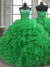 Captivating Green Quinceanera Gown Military Ball and Sweet 16 and Quinceanera with Beading and Ruffles Sweetheart Sleeveless Lace Up