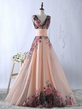 Shining V-neck Sleeveless Homecoming Dress Floor Length Ruching Peach Printed