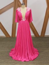Customized Hot Pink Chiffon Backless Homecoming Dress Half Sleeves Sweep Train Lace and Appliques and Pleated