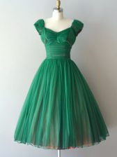 Excellent Green A-line Chiffon V-neck Cap Sleeves Ruching Knee Length Lace Up Quinceanera Dama Dress