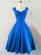 Nice Blue Lace Up Straps Ruching Vestidos de Damas Taffeta Sleeveless