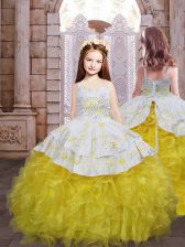  Gold Sleeveless Embroidery and Ruffles Lace Up Pageant Gowns For Girls