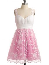 Fabulous Empire Quinceanera Dama Dress Rose Pink Straps Lace Sleeveless Knee Length Lace Up