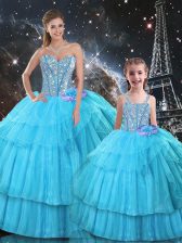 Elegant Aqua Blue Sleeveless Floor Length Ruffled Layers and Sequins Lace Up Sweet 16 Dress
