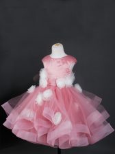  Knee Length Zipper Little Girl Pageant Gowns Pink for Wedding Party with Ruffles and Hand Made Flower