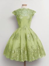 Classical Yellow Green A-line Lace Quinceanera Dama Dress Lace Up Tulle Cap Sleeves Knee Length