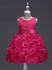  Hot Pink Organza Lace Up Scoop Sleeveless Knee Length Pageant Gowns For Girls Ruffles and Belt