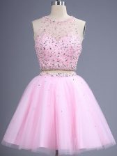 Great Scoop Sleeveless Damas Dress Knee Length Beading Rose Pink Tulle