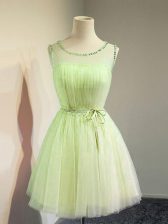 Hot Sale Yellow Green Empire Tulle Scoop Sleeveless Belt Knee Length Lace Up Quinceanera Court Dresses