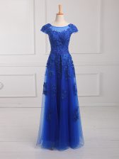 On Sale Royal Blue Tulle Lace Up Scoop Short Sleeves Floor Length Beading and Lace and Appliques