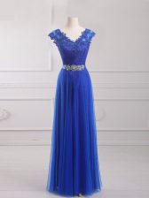 Extravagant Short Sleeves Tulle Floor Length Lace Up Homecoming Dress in Royal Blue with Beading and Lace and Appliques and Belt