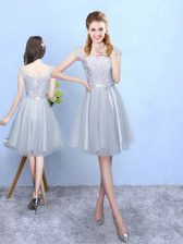  Cap Sleeves Knee Length Lace Lace Up Dama Dress with Silver